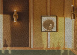 a Roberta Flack album cover on the wall in the rooftop bar
