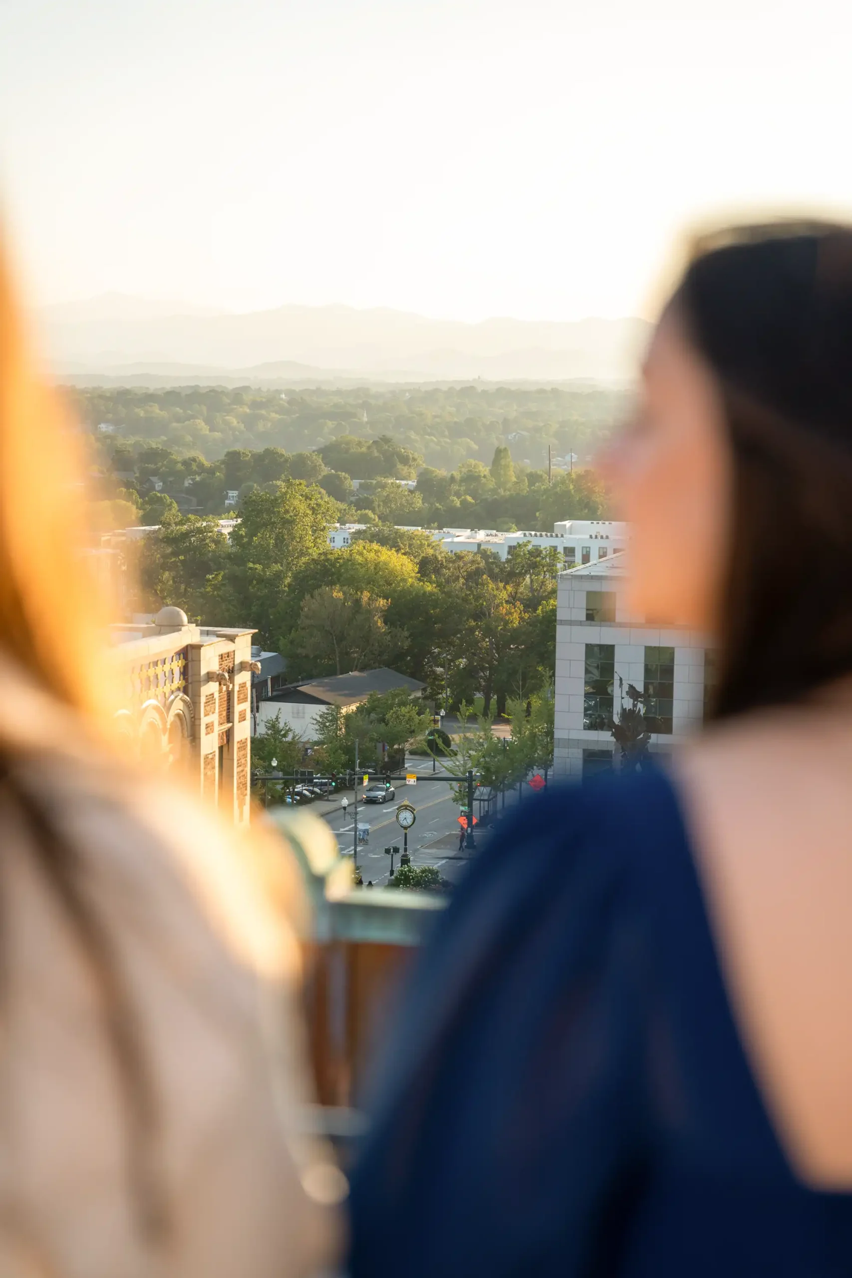 a mountain view from the roof top bar at the flat iron hotel