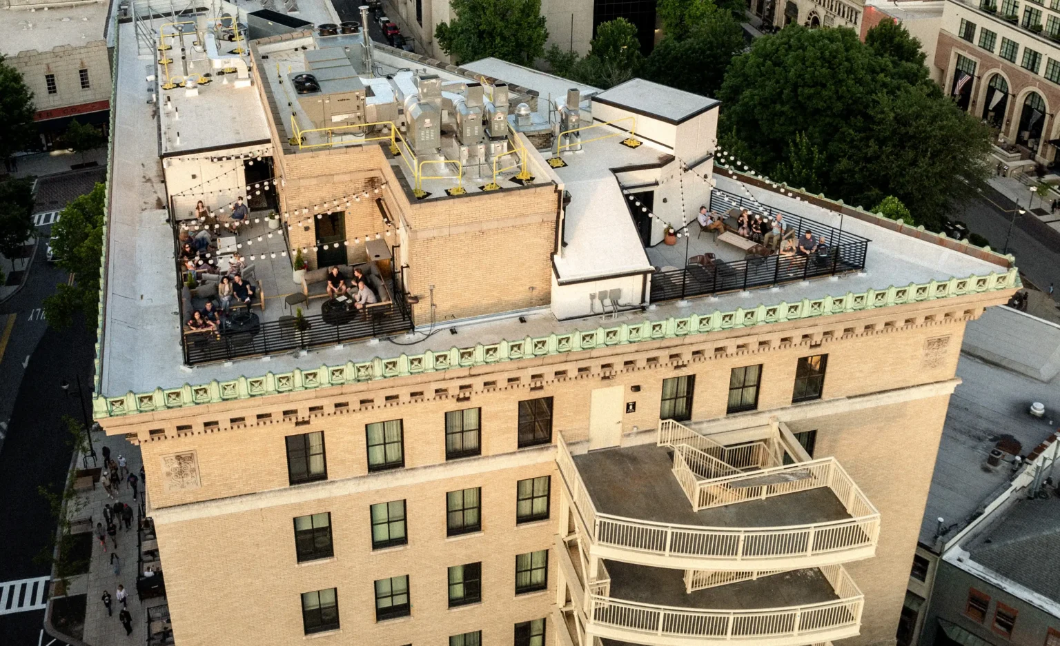drone view of the flat iron hotel roof top
