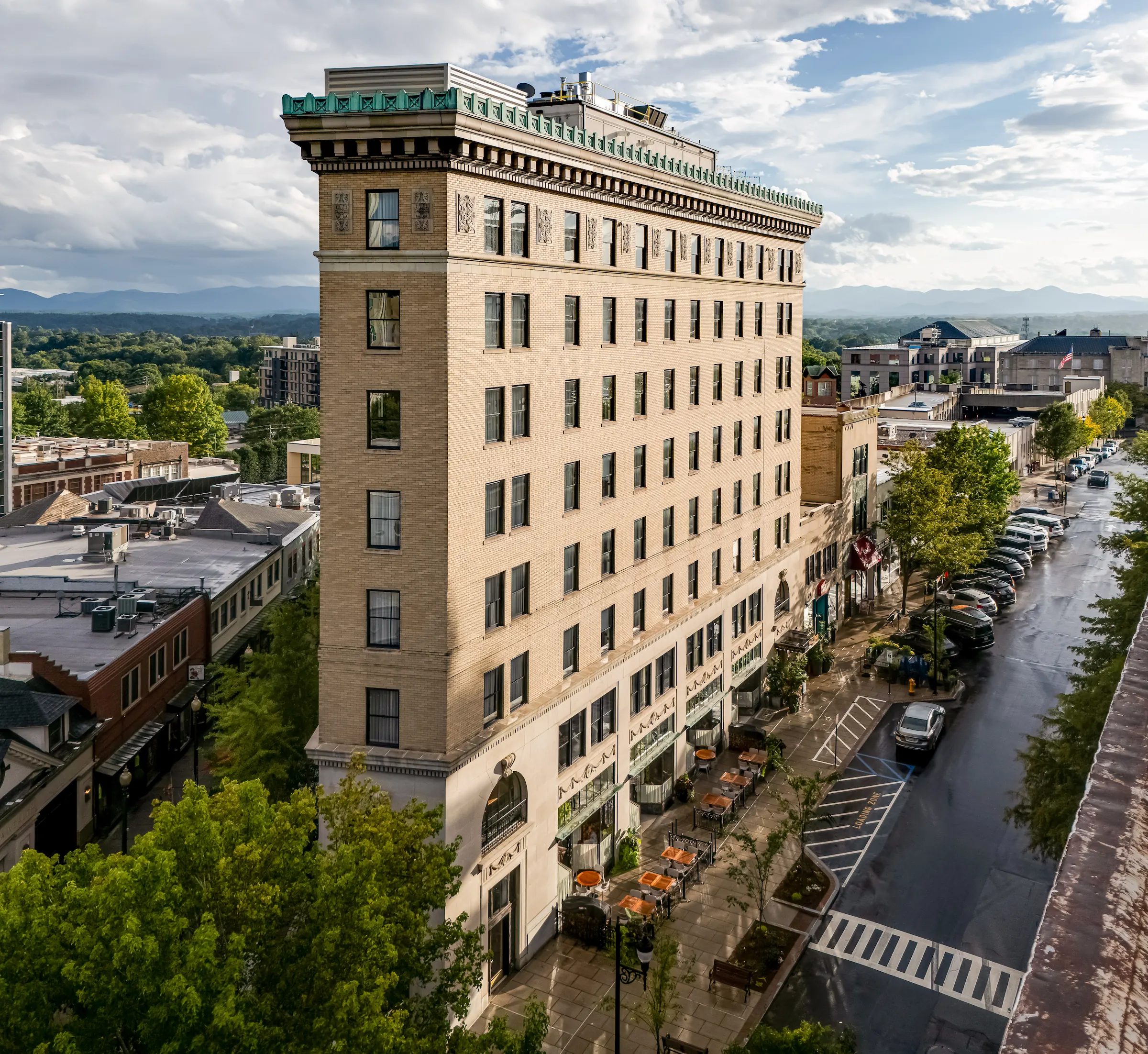 the Flat Iron Hotel from the air