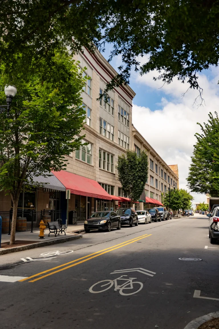 trees and shops lining Haywood St by the Flat Iron Hotel
