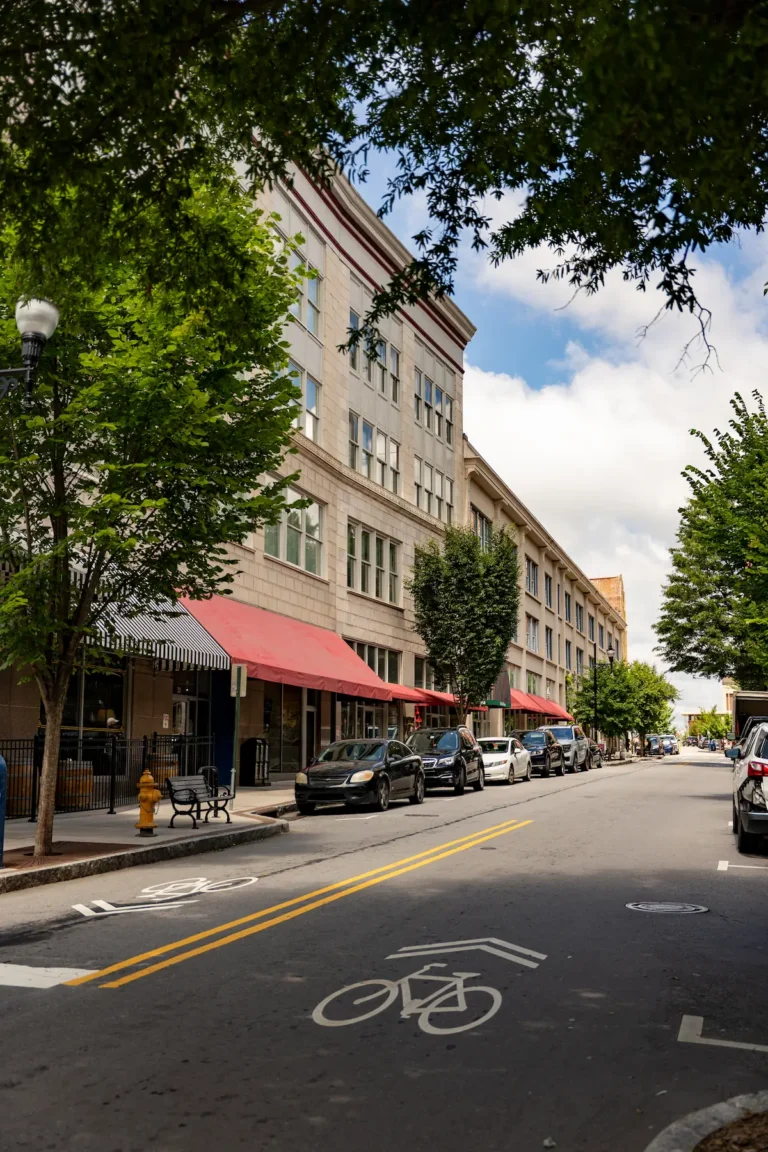 trees and shops lining Haywood St by the Flat Iron Hotel