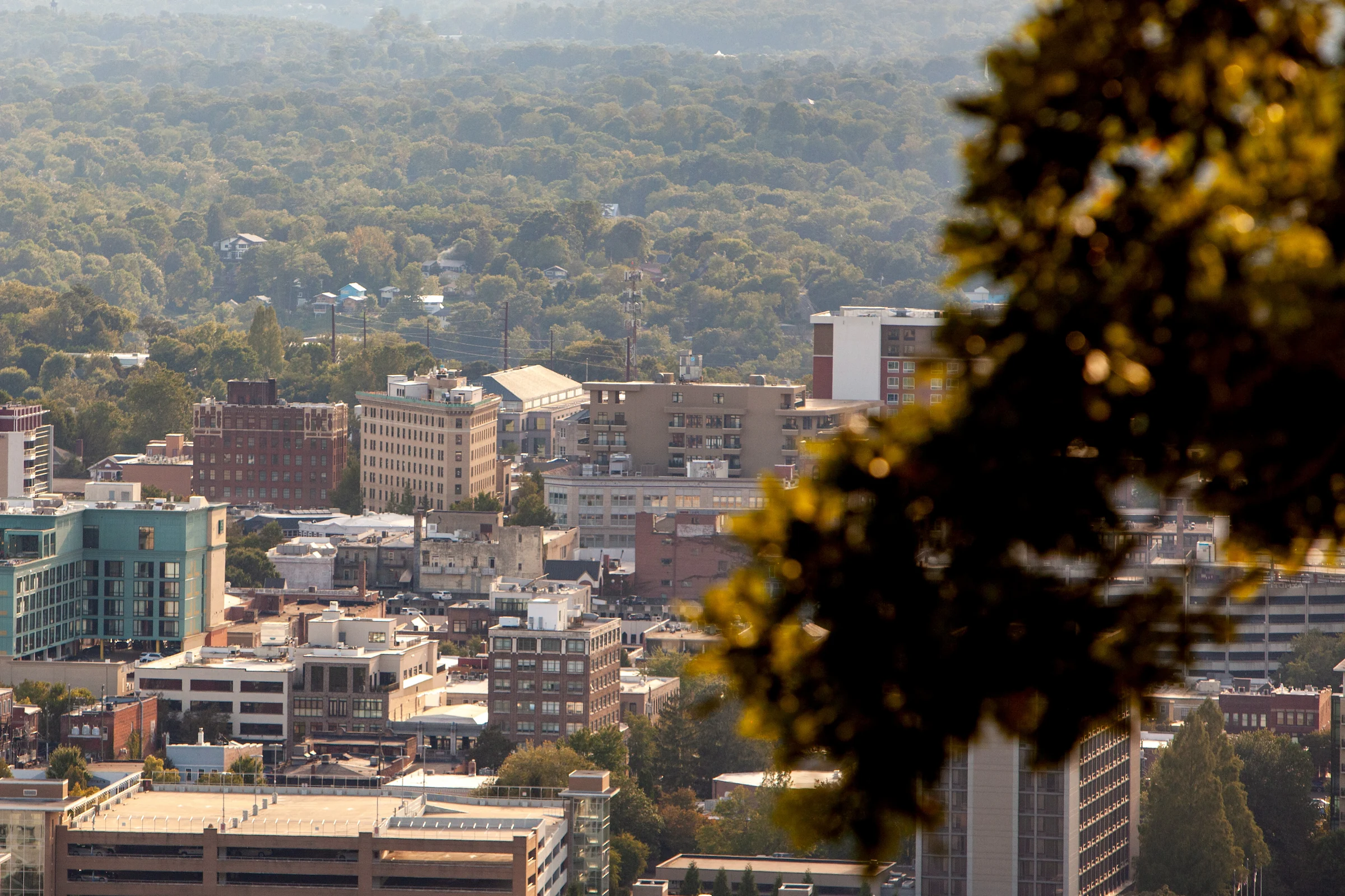 the flat iron hotel situated in asheville's downtown, as seen from the hills