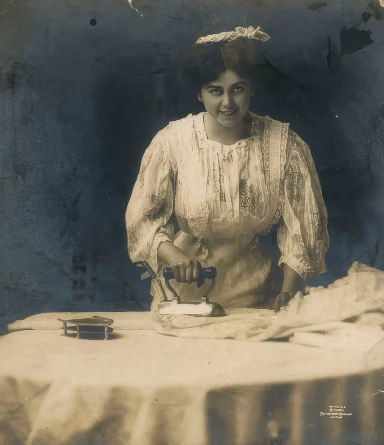 a woman presses clothes with an old-fashioned flatiron